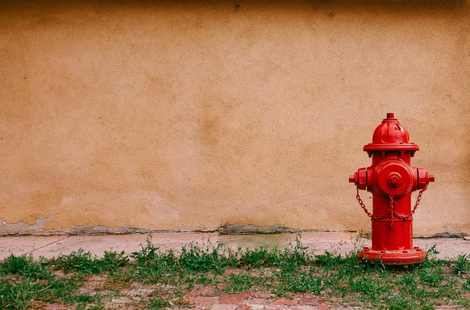 a picture of red fire hydrant in front of a wall