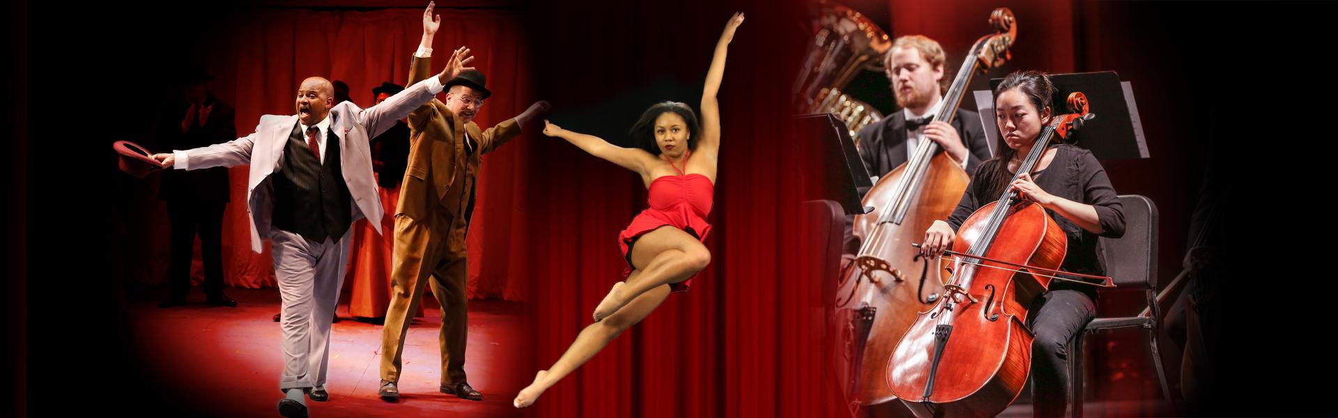 A collage of actors, dancers, and musicians.