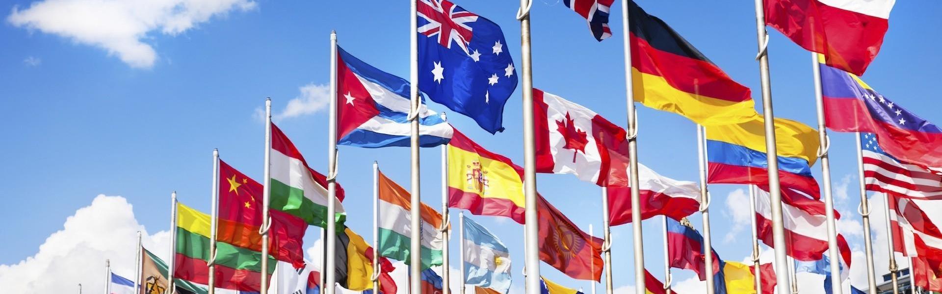 International flags waving in the sky.