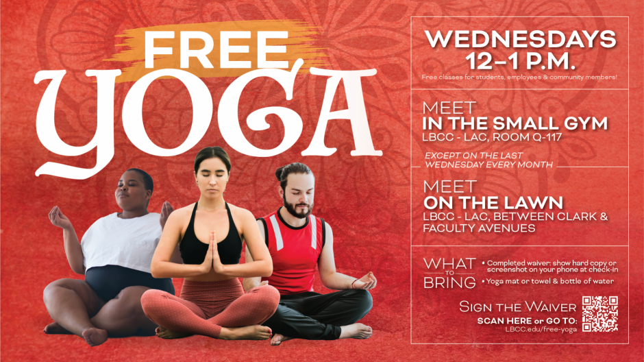 LBCC Free-Yoga poster with a group of 3 person in yoga pose