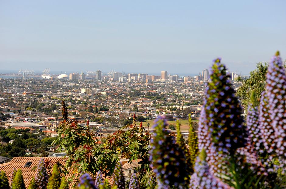 A panoramic city view of Long Beach, California from on top of Signal Hill on a day when the fog has cleared all he way to the ocean.