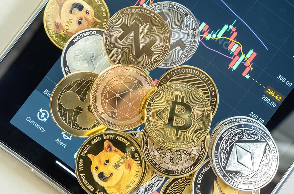 Cryptocurrency on Binance trading app, Bitcoin BTC with altcoin digital coin crypto currency, BNB, Ethereum, Dogecoin, Cardano, defi p2p decentralized fintech market 