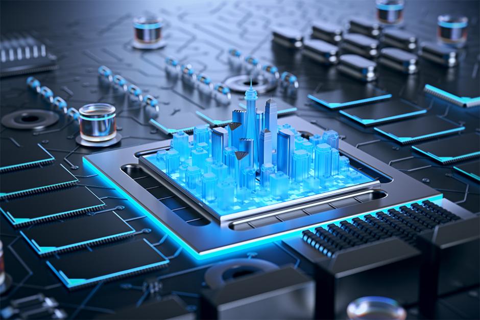 Computer Science Concept with motherboard and modern city