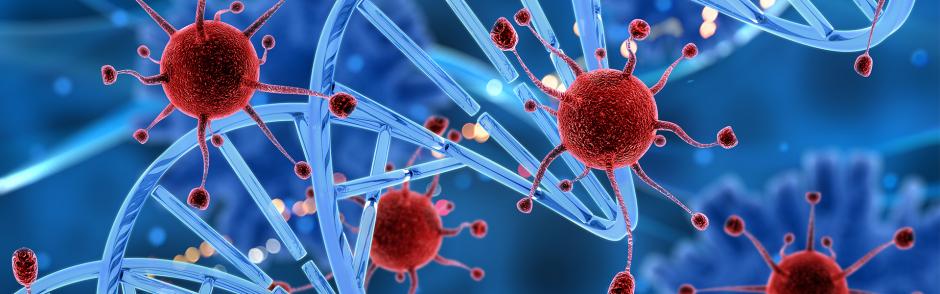 3D virus cells attacking a DNA strand