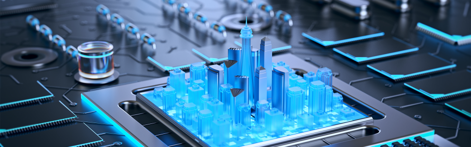 3d illustration of futuristic micro chip city. Computer science information technology background.
