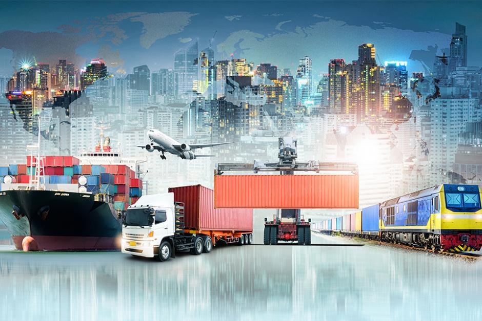 Multiple transportation and shipping methods for international business, including train, truck, airplane and boat.