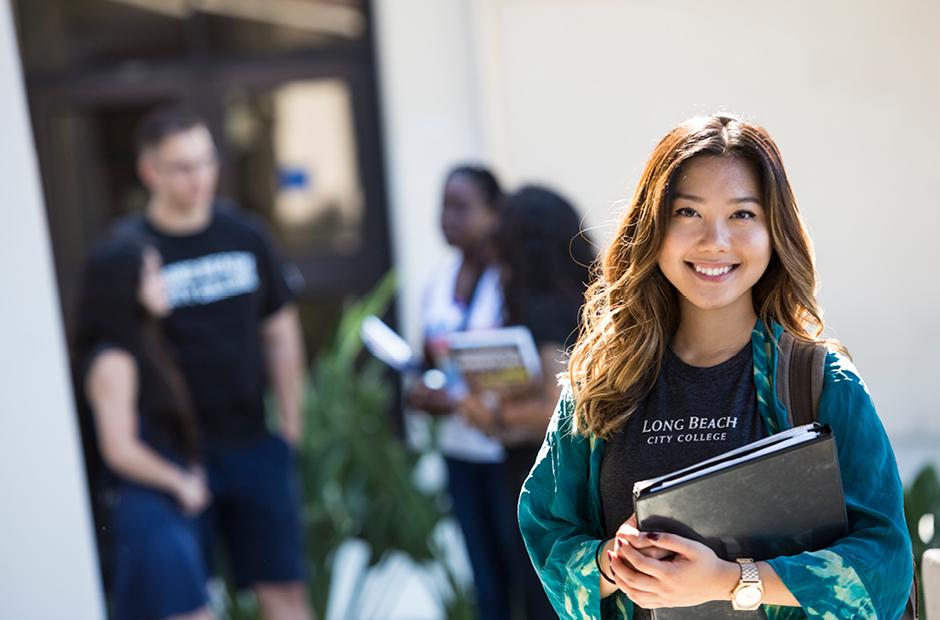 LBCC students standing outside of a building chatting