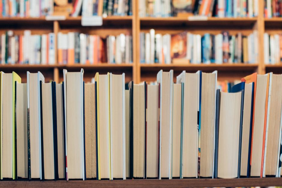 A row of books sitting on a shelf.