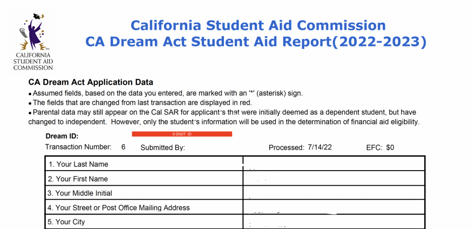 Save 9 digit California Dream Act ID for future use