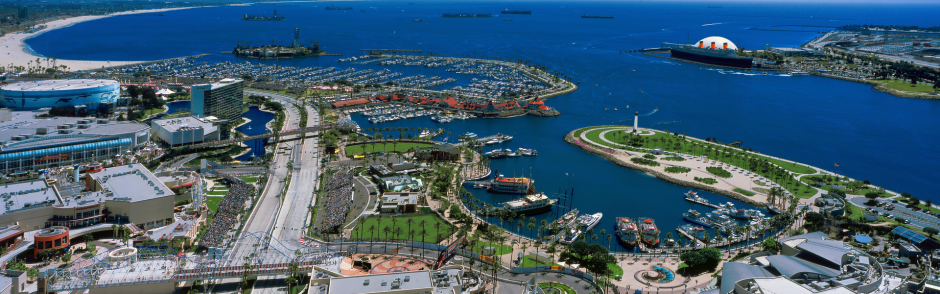 An aerial view of Queensway Bay in Long Beach