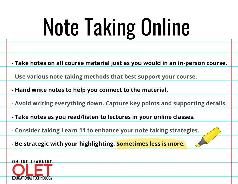 Note Taking Online Tips: 1.  Take notes on all course material just as you would in an in-person course. 2 - - Use various note taking methods that best support your course. 3 - - Hand write notes to help you connect to the material. 4 - - Avoid writing everything down. Capture key points and supporting details. 5 - - Take notes as you read/listen to lectures in your online classes. 6- - Consider taking Learn 11 to enhance your note taking strategies. 7- - Be strategic with your highlighting. Sometimes less is more.