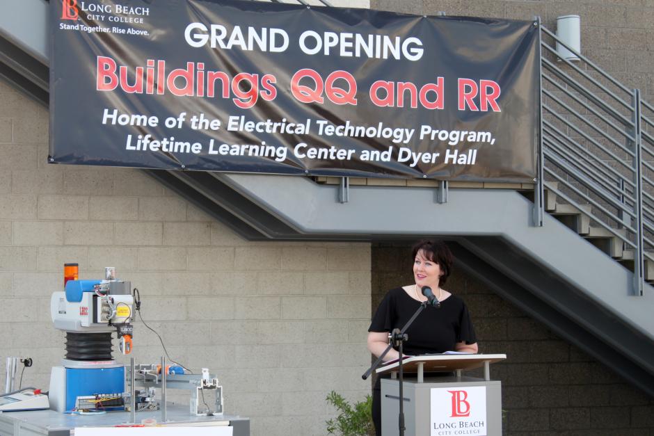 LBCC President Romali addresses the crowd at the opening of the QQ and RR buildings