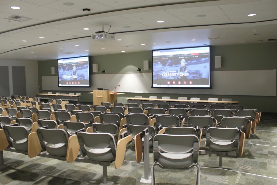 An interior shot of an auditorium room inside Dyer Hall.