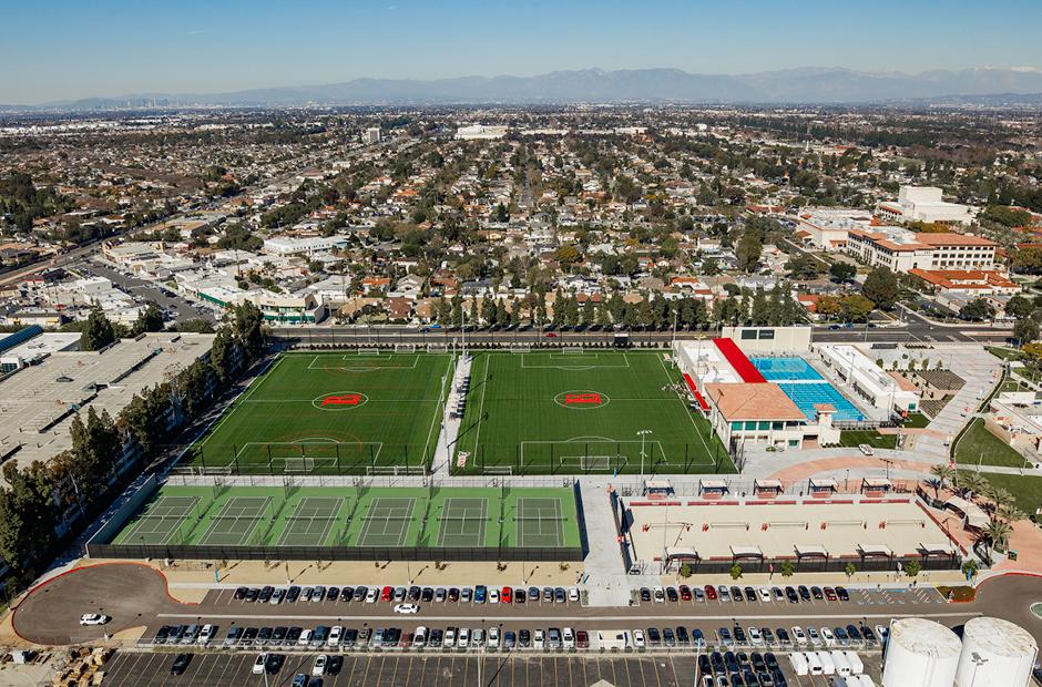 Aerials shot of LBCC Tennis Complex and KLAC building