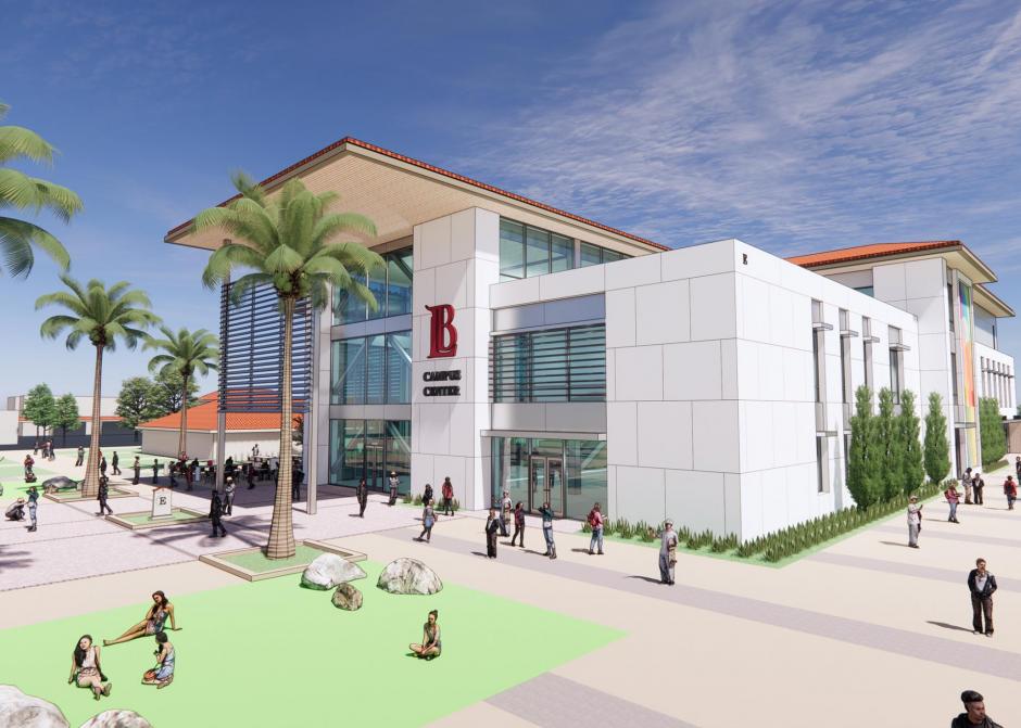 West exterior elevation with quad seating area afternoon setting.