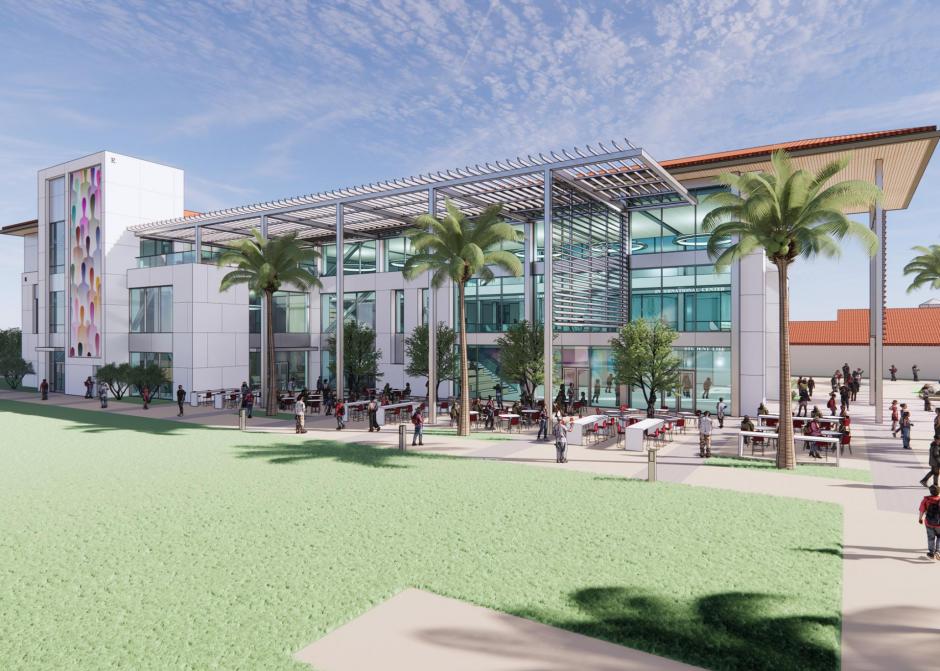 North exterior elevation, emphasis on exterior curtain wall with outdoor seating area. Render showing afternoon setting.