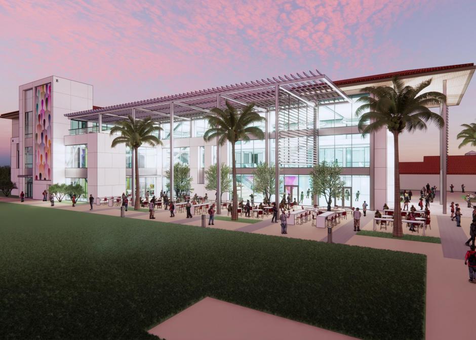 North exterior elevation with outdoor seating area, evening setting.