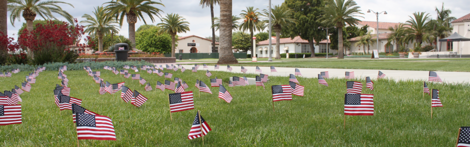 A picture of the front lawn of the LAC campus with small US flags planted in the grass.
