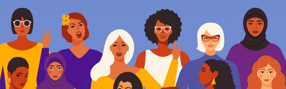 A drawing of different women against a blue background.