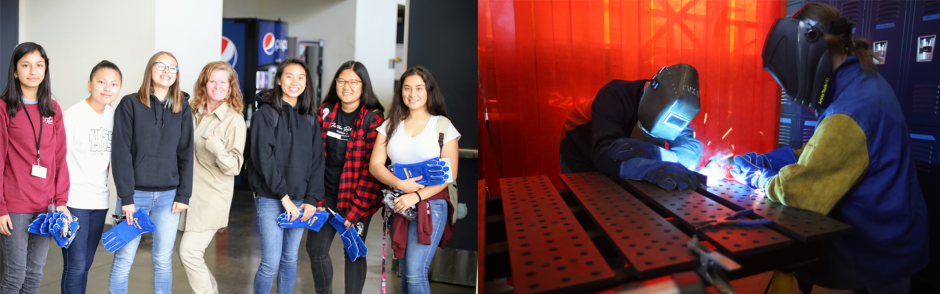 A group of female high school students standing together in a welding shop.