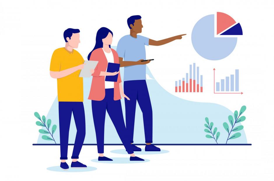 Business concept - Working people analysing pie chart and graphs, flat design vector illustration with white background