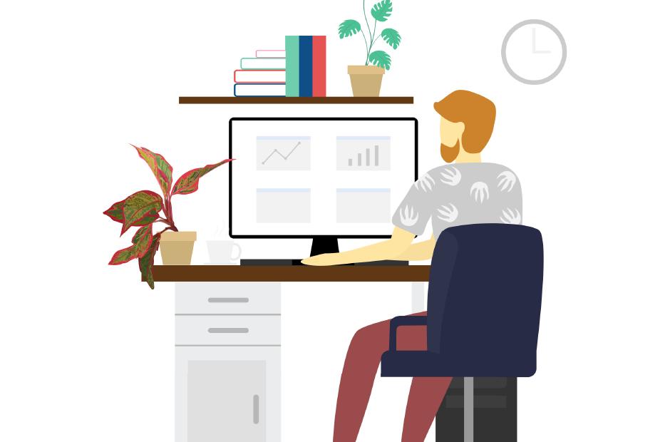 Man working on laptop at home or home office vector Flat illustration concept design, Freelance or blogger Working From home and Study at home concept.