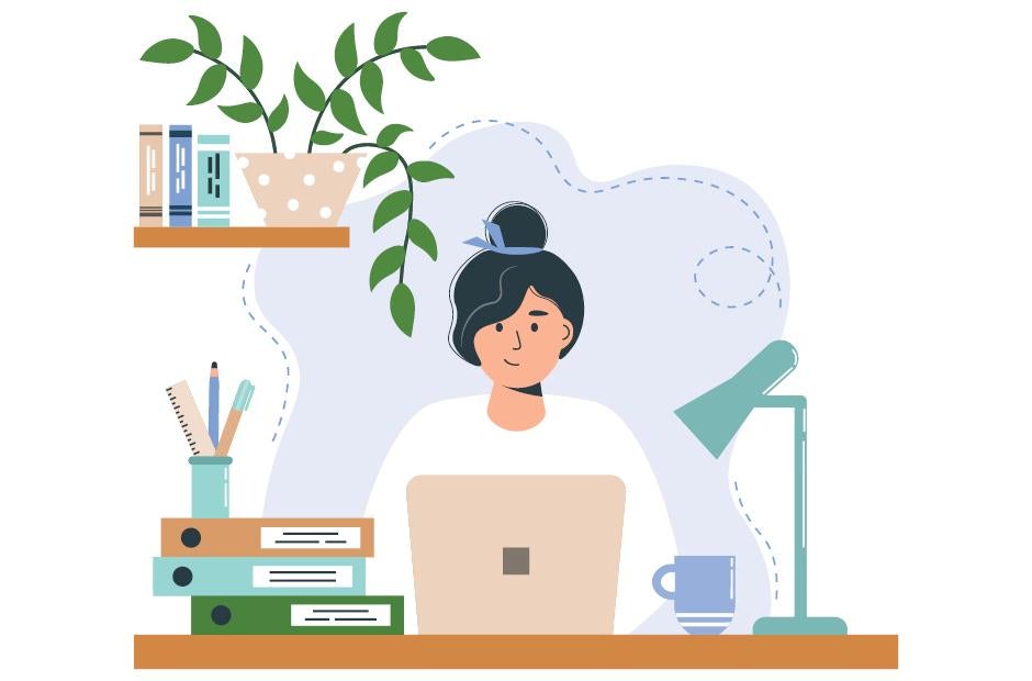 Female character studying or working. Girl with laptop.