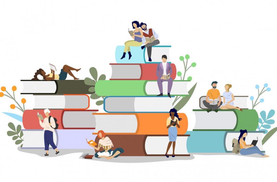 Library - Diversity people readers male and female characters reading books while sitting on book pile, vector flat illustration.