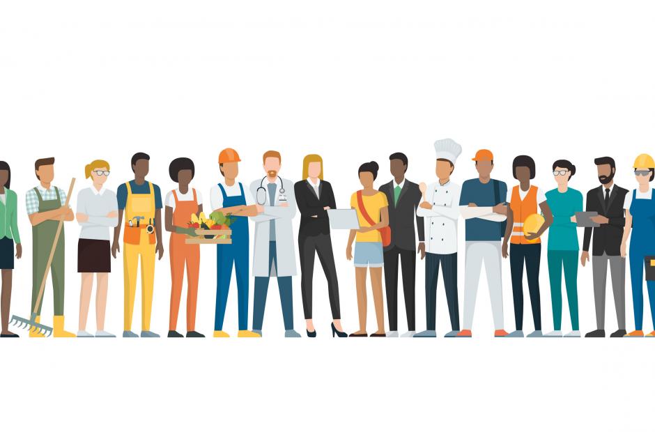 Trades - Multiethnic group of workers standing together, employment concept