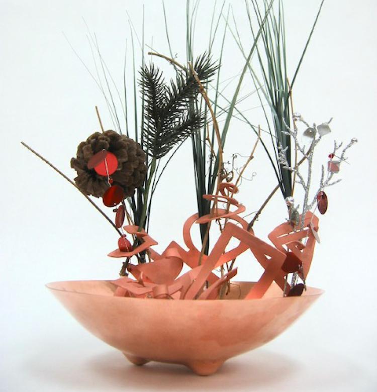 Betty Moran, Ikebana bowl, Hammered copper, Flowers