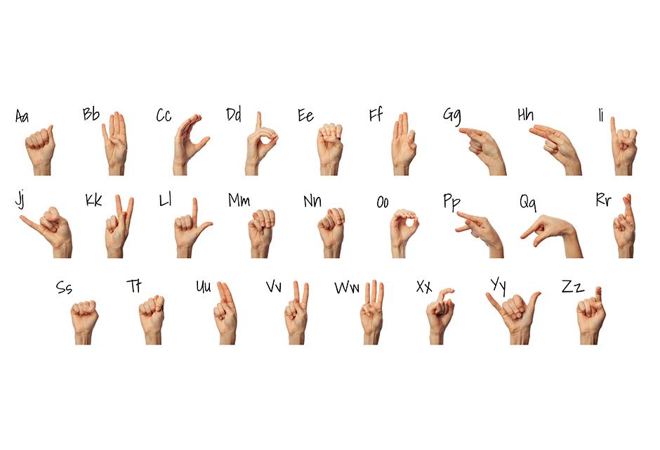 Woman showing ASL alphabet on white background