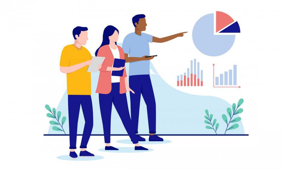 Business concept - Working people analysing pie chart and graphs, flat design vector illustration with white background