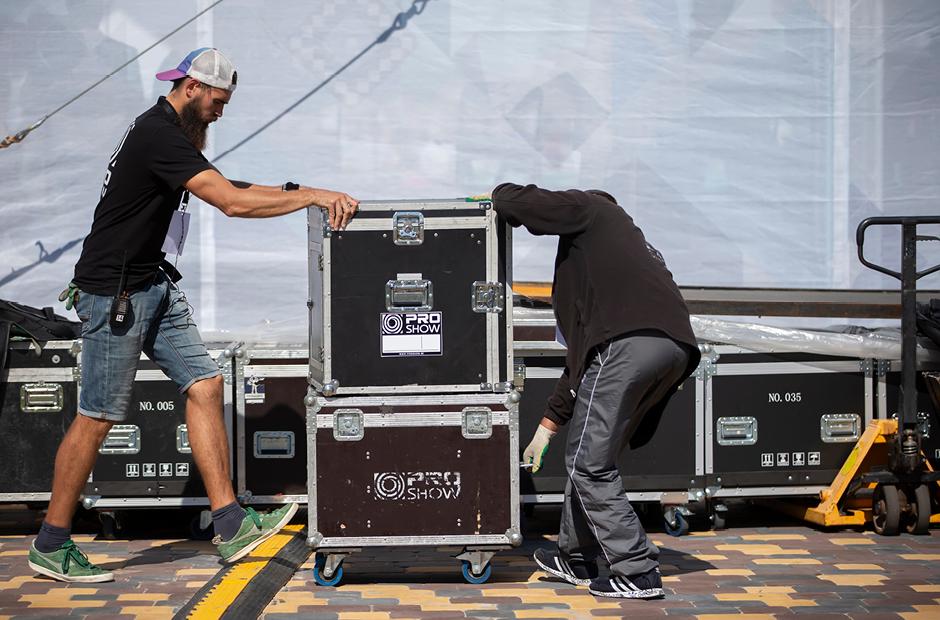 Belarus, Gomil. City holiday. Working scenes at concert back stage.