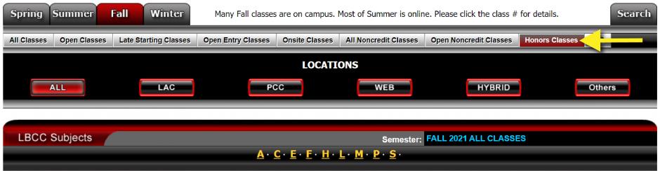 Directions of where to check for LBCC honors classes from schedule of classes