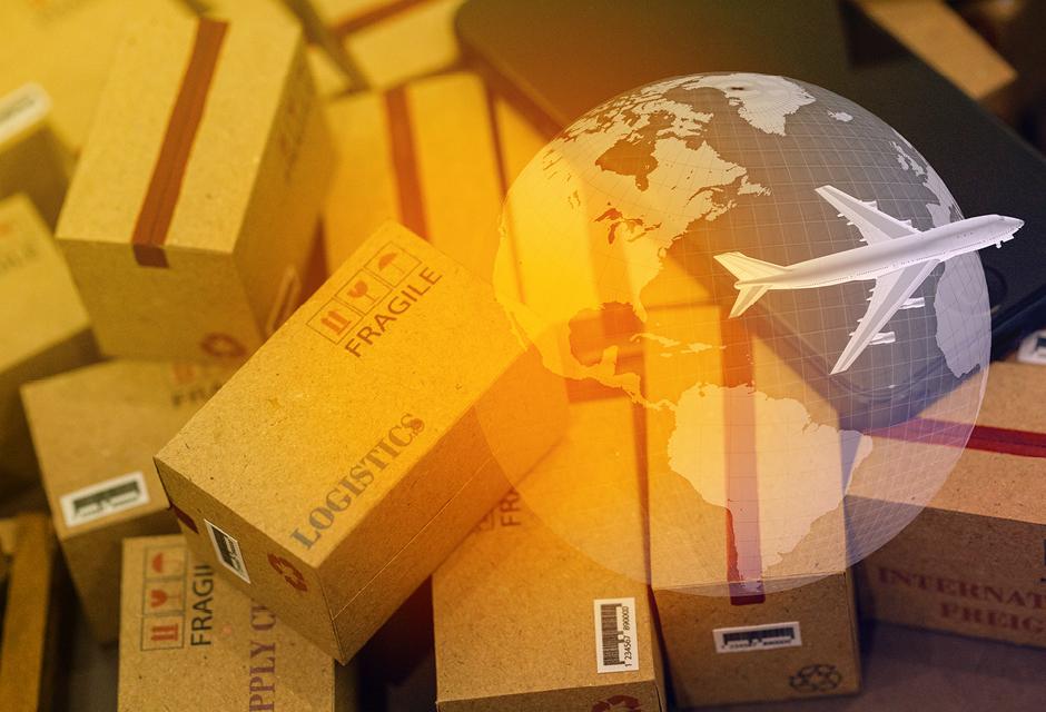 Grouping Light brown small boxes and cell phone with a plane flies above world map. For ideas about transportation, international freight, global shipping, overseas trade, regional ,local forwarding. 