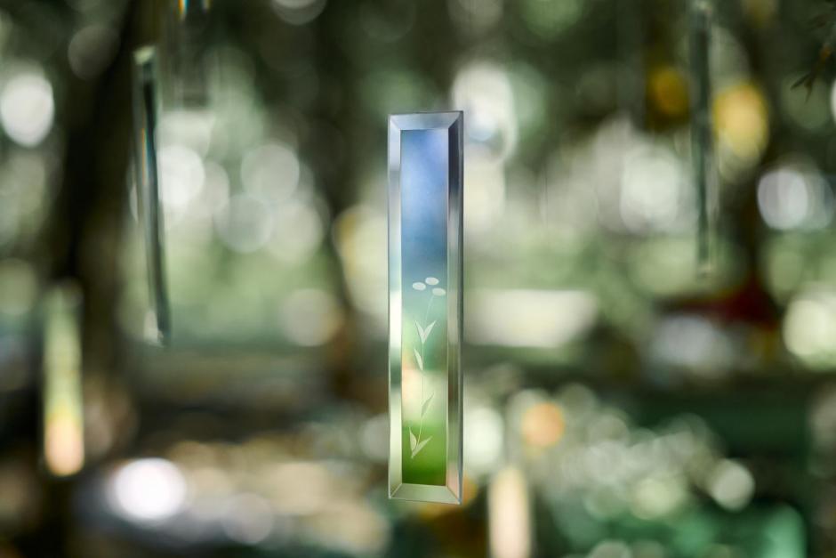 Glass crystals hanging in air with patterns of nature