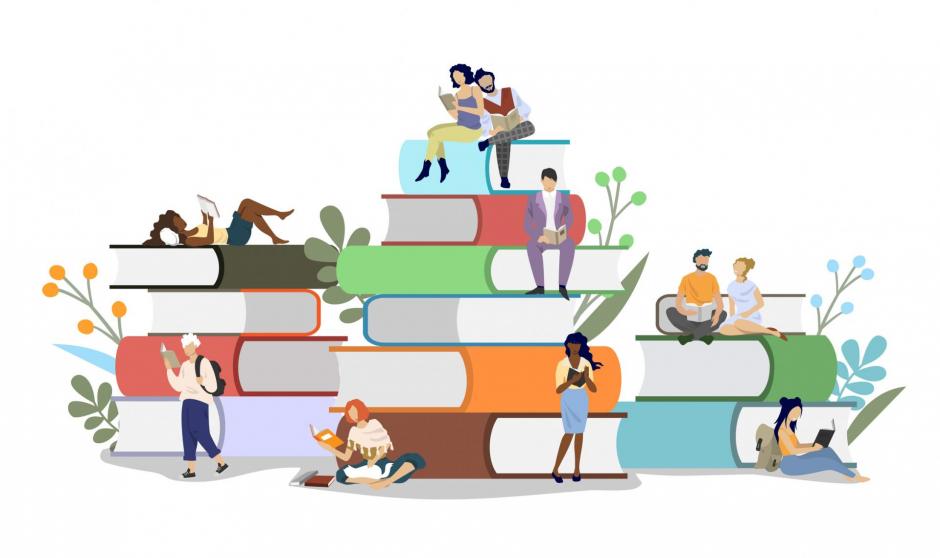 Library - Diversity people readers male and female characters reading books while sitting on book pile, vector flat illustration.