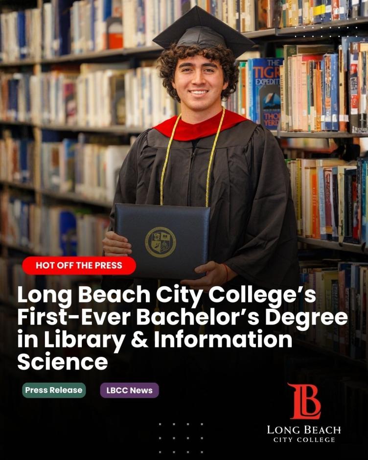 LBCC BA degree, LBCC student holding degree in the library