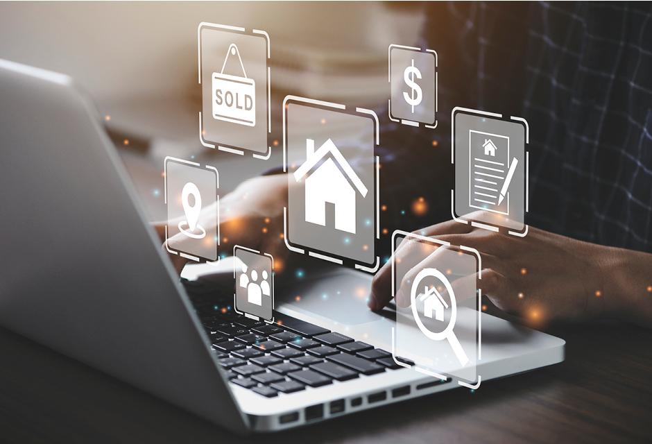 Businessman using a computer for property sales & listings, realtor agency & contractor, residential property, investment, housing project, property development real estate, choose a house buy online.