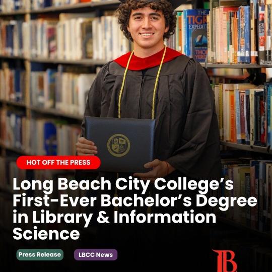LBCC BA degree, LBCC student holding degree in the library