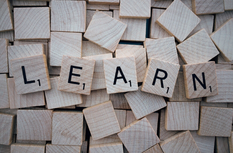 piles of woodblock letters with alphabet of L E A R N that makes the word learn